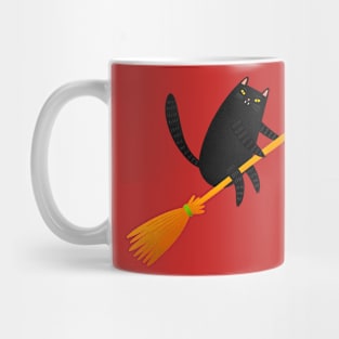 The witch cat is flying on a broom Mug